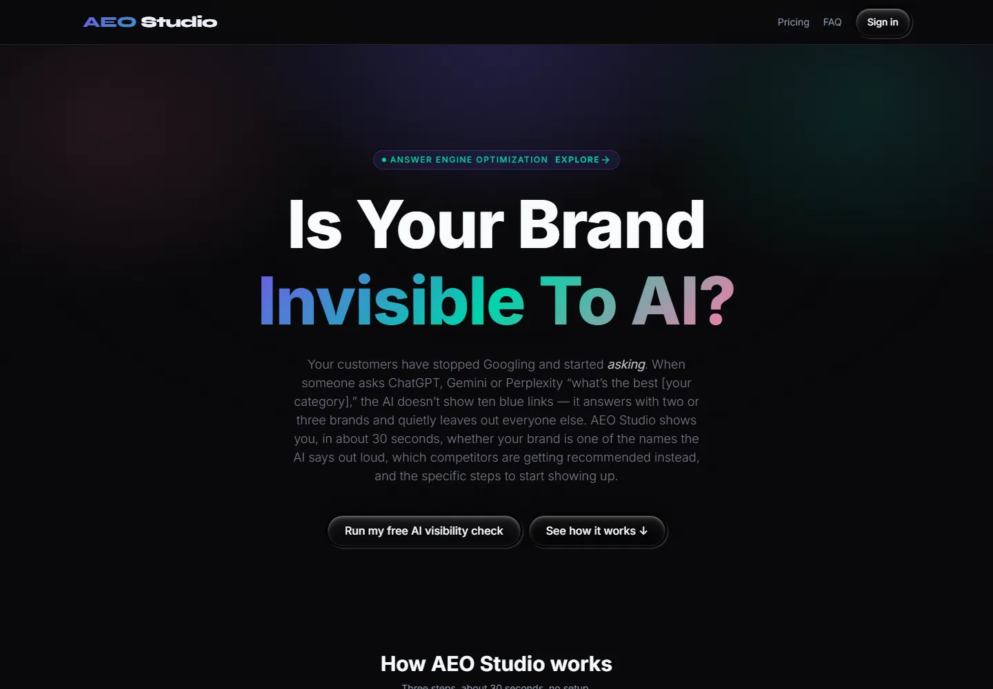 AEO Studio homepage introducing its AI brand visibility check