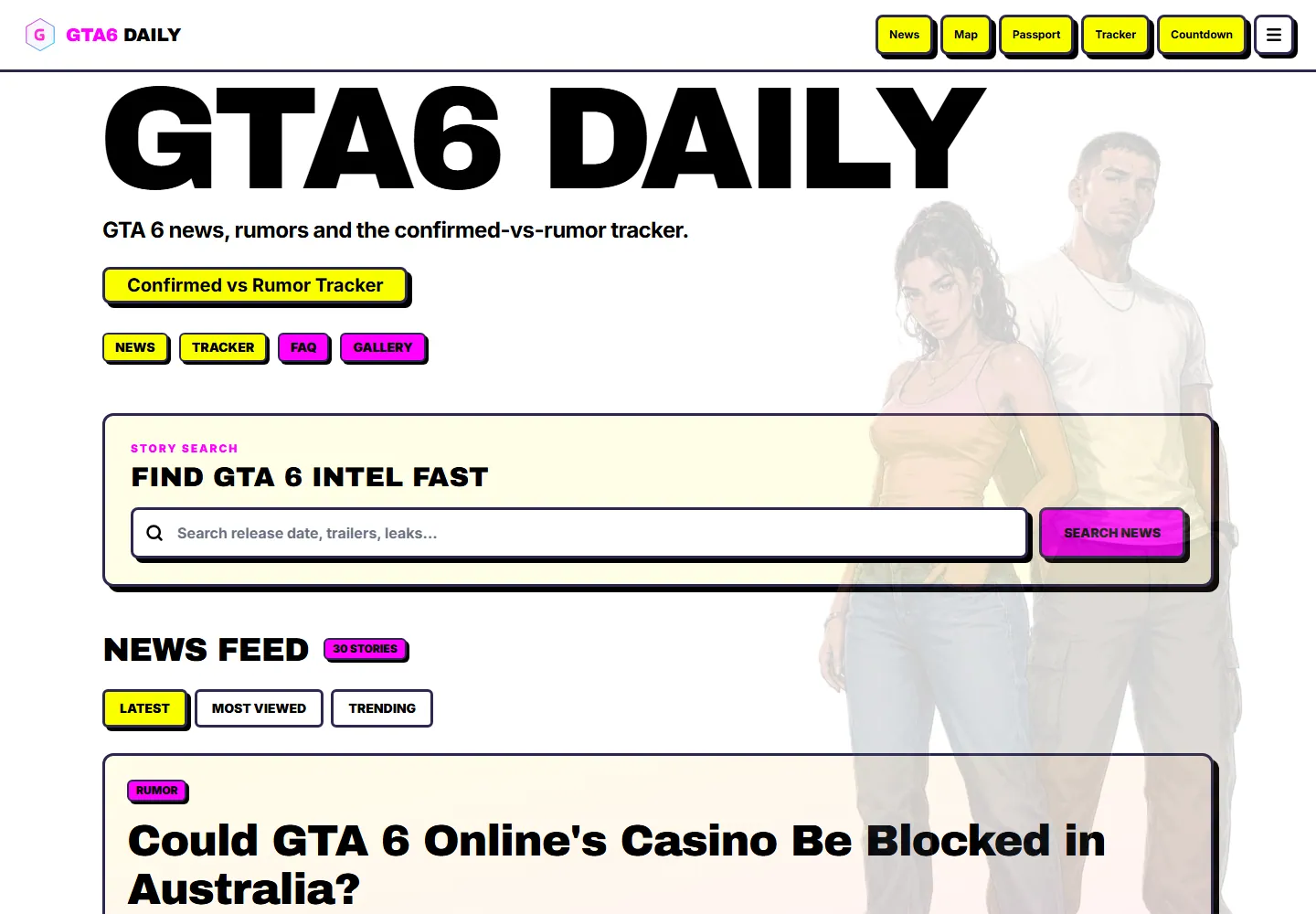 GTA6 Daily homepage with its news search and editorial feed