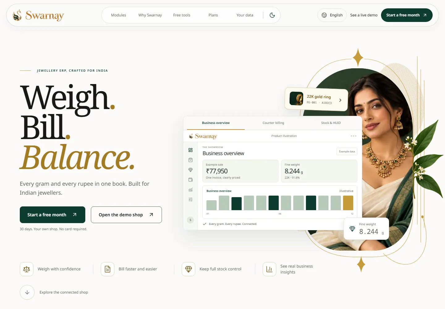 Swarnay jewellery ERP homepage showing billing and stock workflow previews